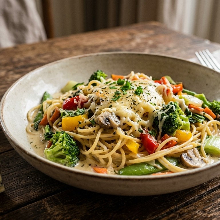 Spaghetti met indische groenten en kaassaus recept