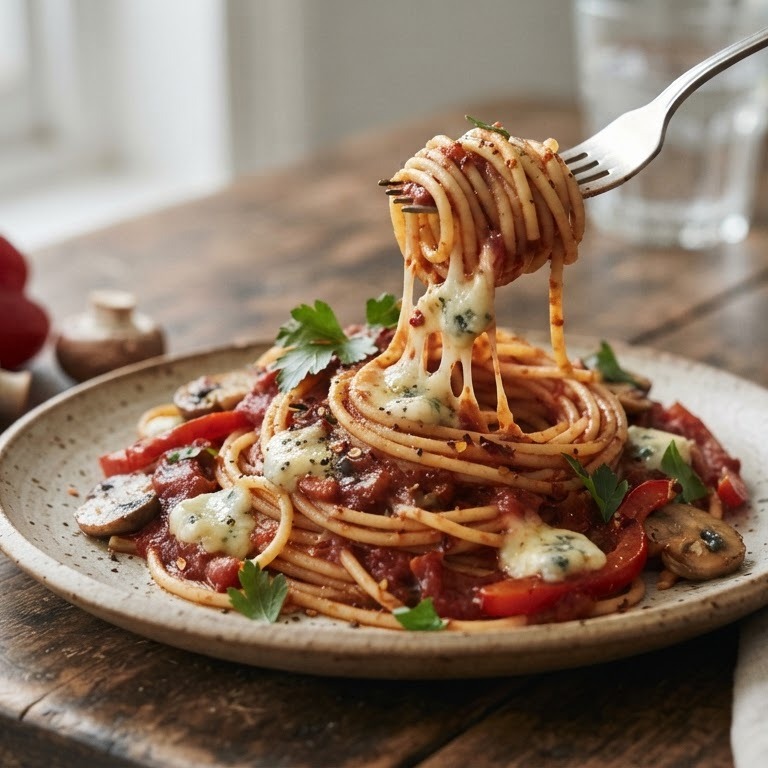 Spaghetti met kaas en pittige saus recept