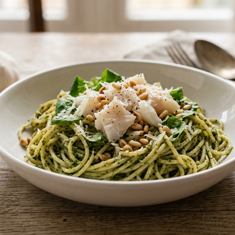 Spaghetti met kabeljauwfilet en groene pesto recept