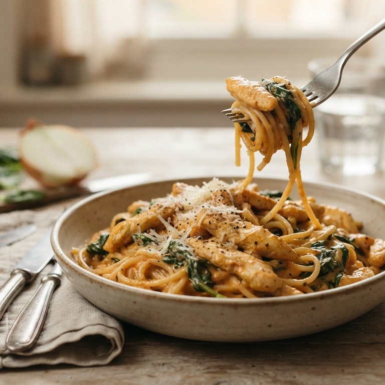 Spaghetti met kip en verse spinazie recept
