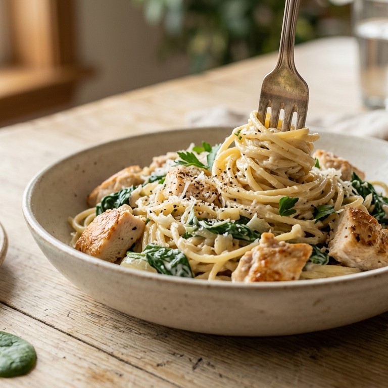 Spaghetti met kipfilet, spinazie en roomkaas recept