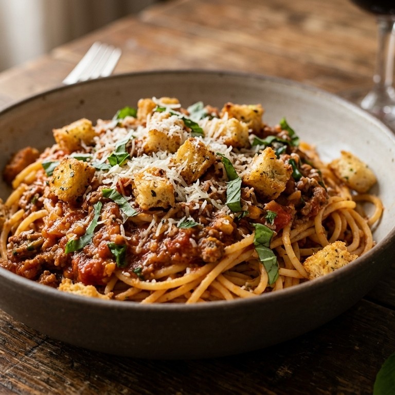Spaghetti met knoflookcroutons en tomatensaus recept