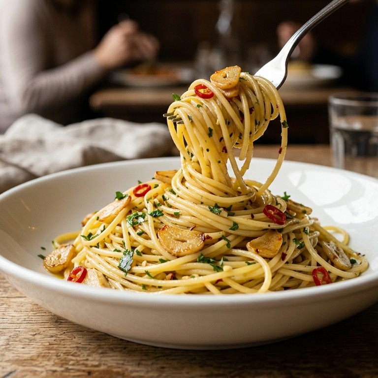 Spaghetti met knoflookolie en Spaanse pepers recept