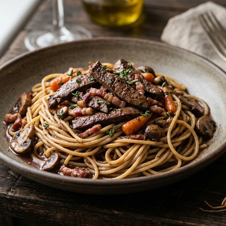 Spaghetti met lever en champignonsaus recept