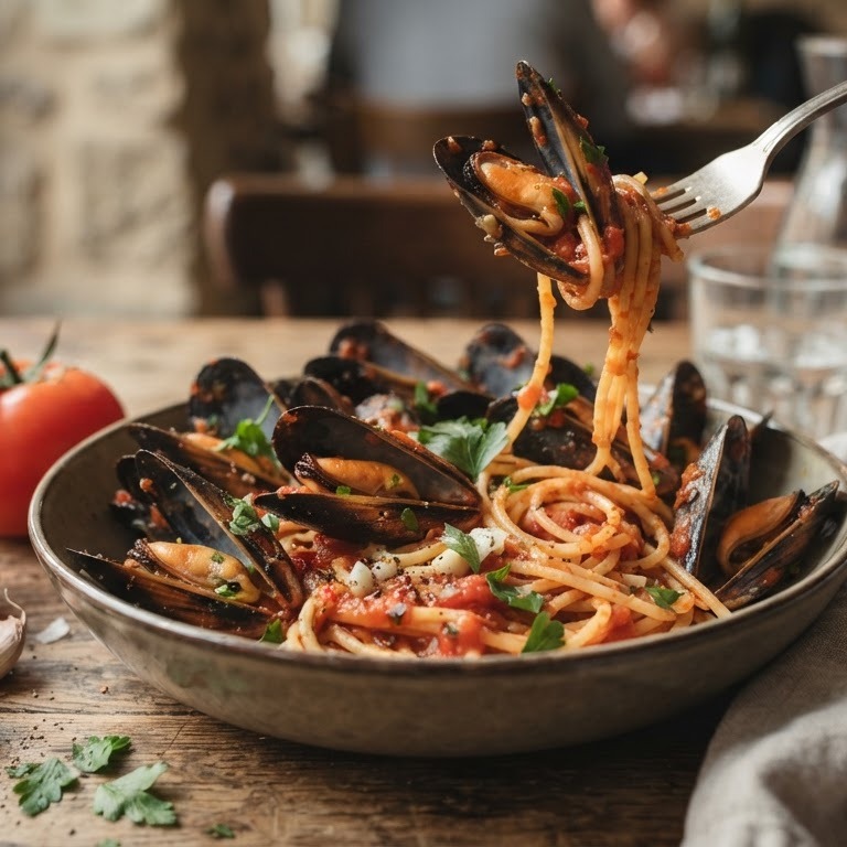 Spaghetti met mosselen en tomatensaus recept