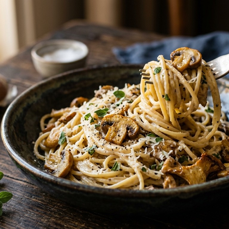 Spaghetti met paddestoelen in roomsaus recept