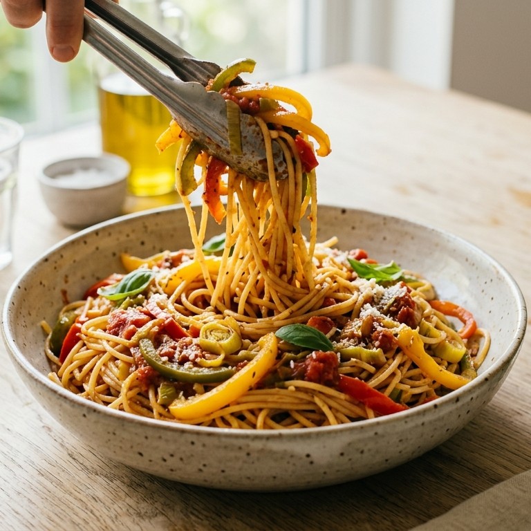 Spaghetti met paprika en tomatensaus recept