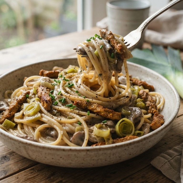 Spaghetti met prei en shoarmavlees recept