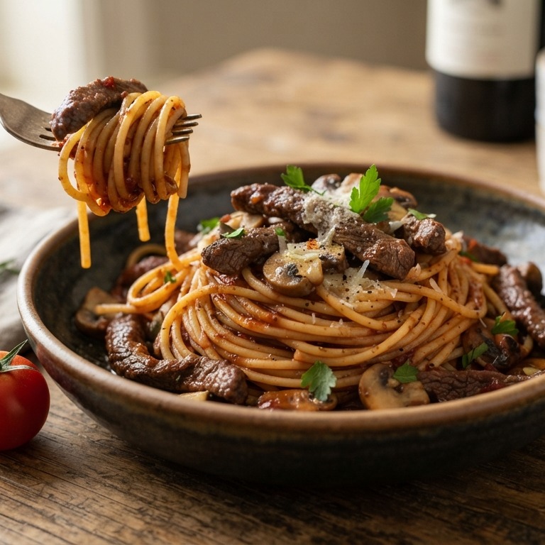 Spaghetti met rundvleesreepjes recept