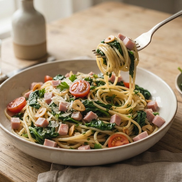 Spaghetti met spinazie en hamblokjes recept