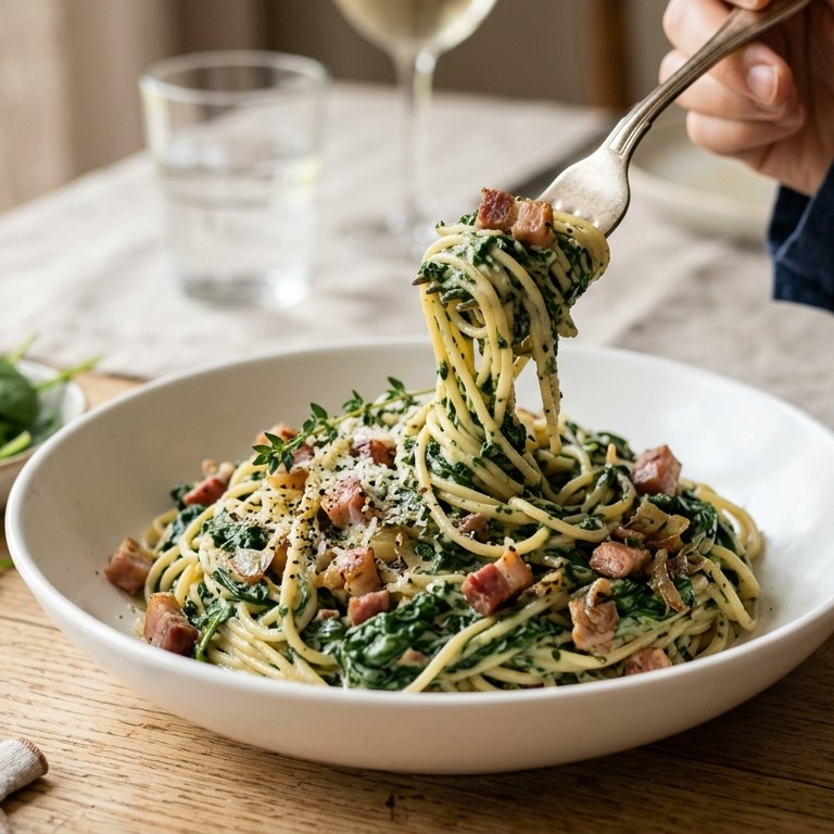 Spaghetti met spinazie en spekjes recept