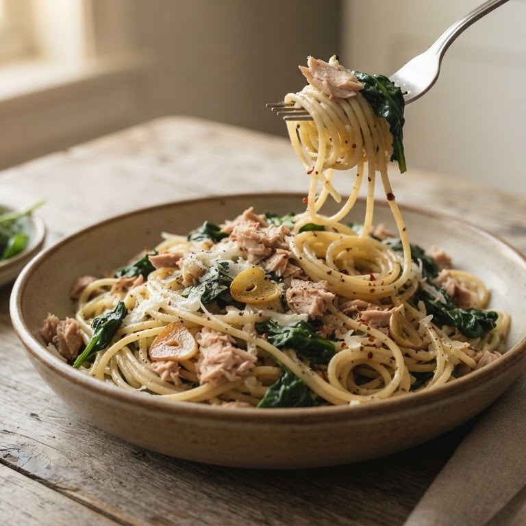 Spaghetti met tonijn en spinazie recept
