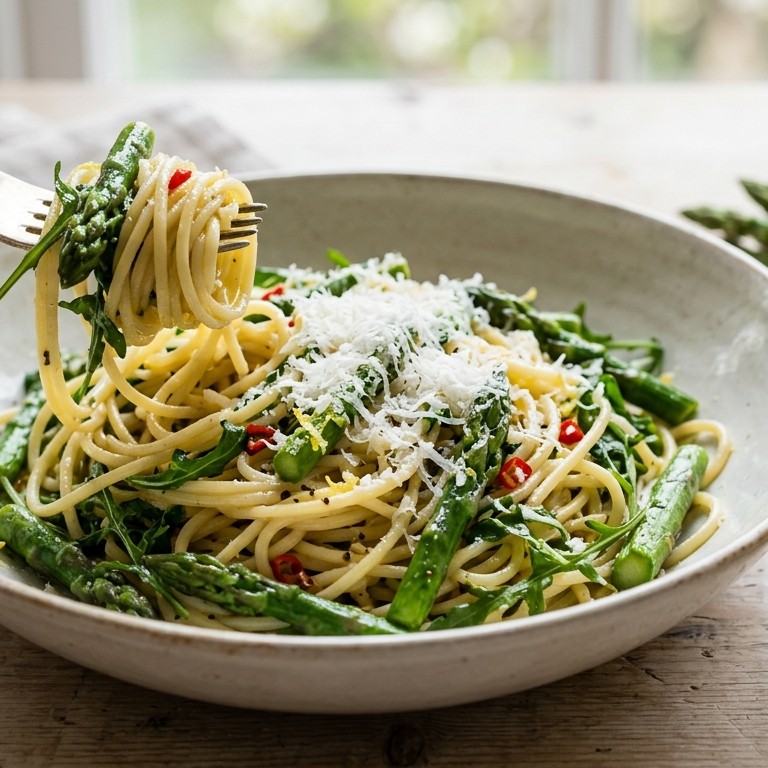 Spaghettini met asperges en rucola recept