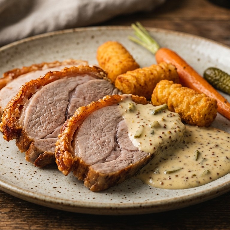 Speenvarken met wortelkroketjes en mosterd-augurksaus recept