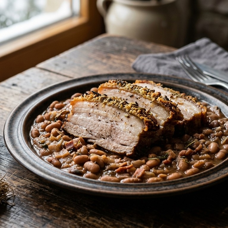 Speklapjes in een kruidenkorstje met bruine bonen recept