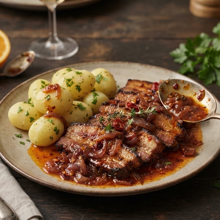 Speklapjes met pikante uiensaus recept