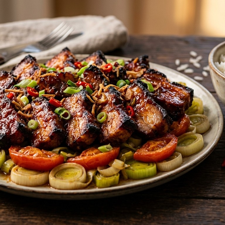 Speklapjes pangang met prei en tomaat recept