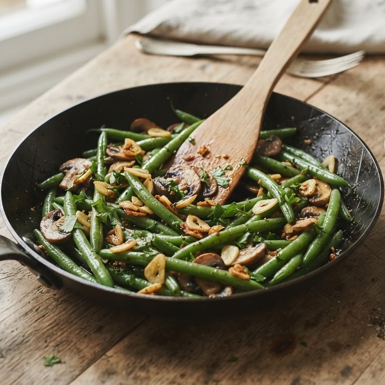 Sperziebonen met champignons en knoflook recept