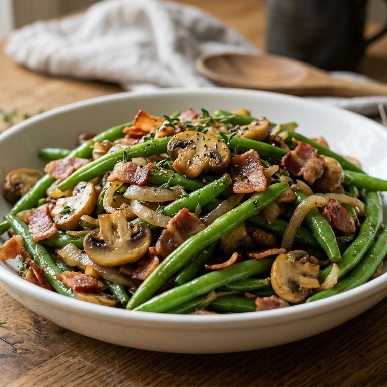 Sperziebonen met champignons, ui en spek recept