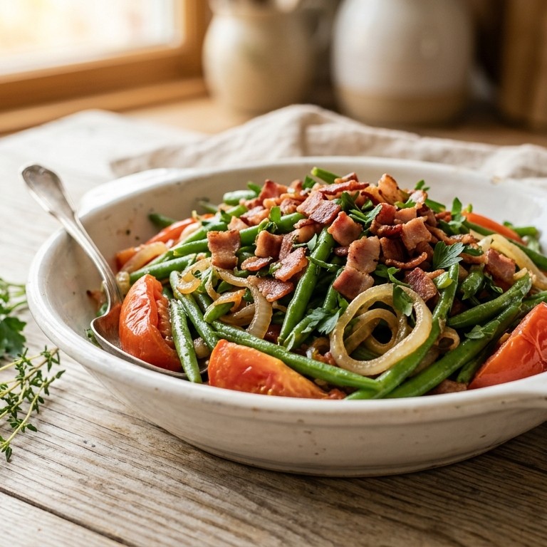 Sperziebonen met tomaat, bacon en ui recept