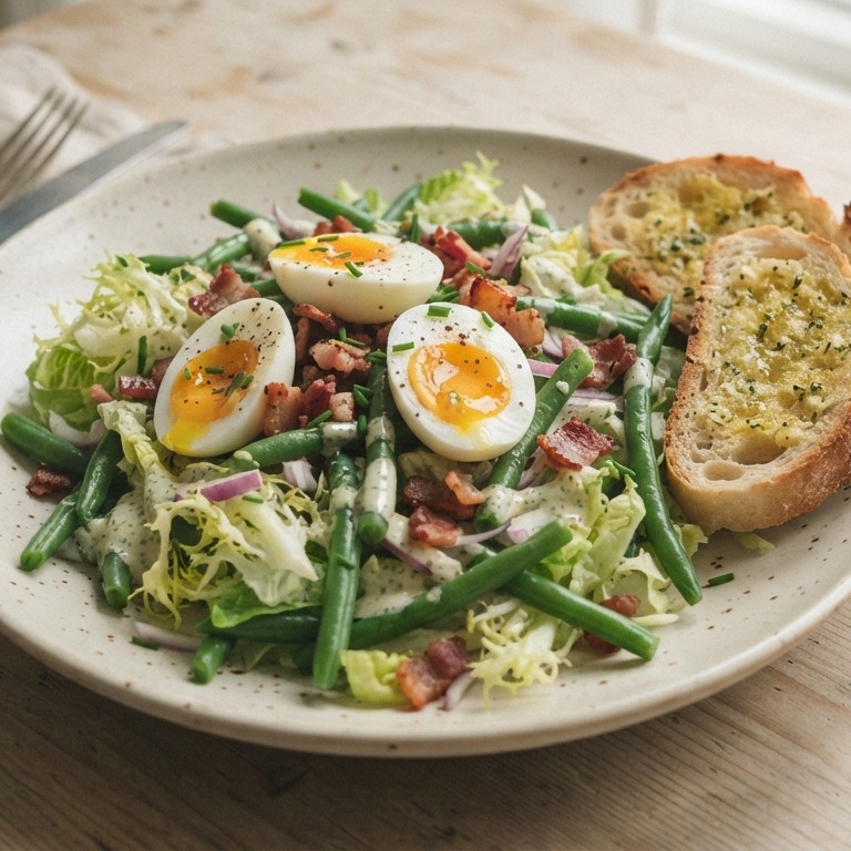 Sperziebonen salade met ei, spekjes en knoflooktoast recept