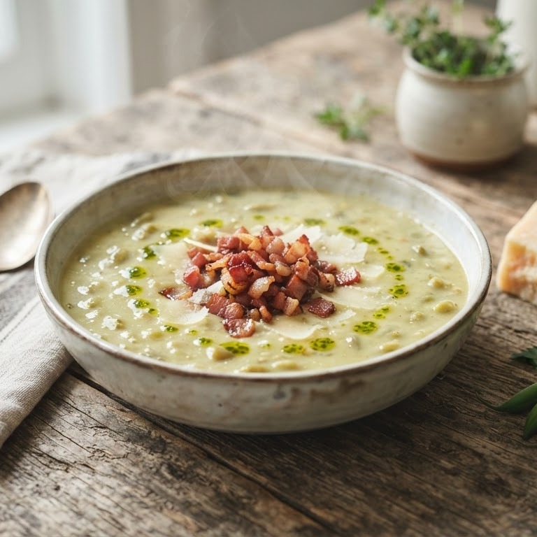 Sperziebonensoep met Parmezaanse kaas en een garnituur van katenspek recept