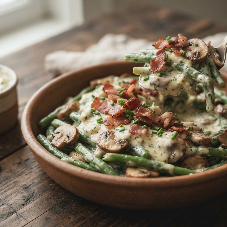 Sperzieboontjes met kruidenkaas en champignons recept