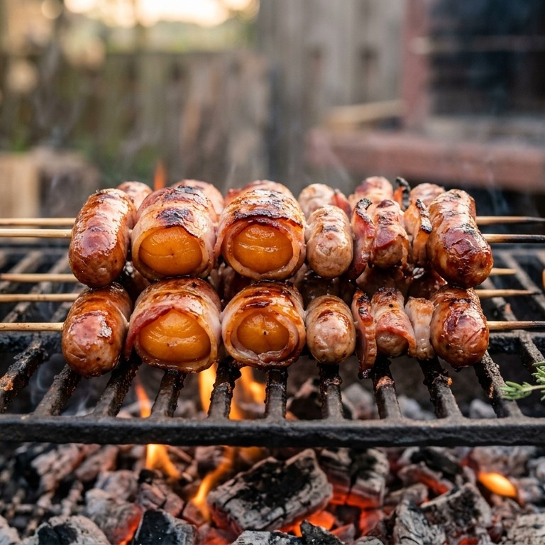 Spiesjes van barbequeworstjes, spek met abrikozen recept