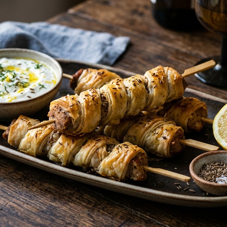 Spiesjes varkensvlees in filodeeg recept