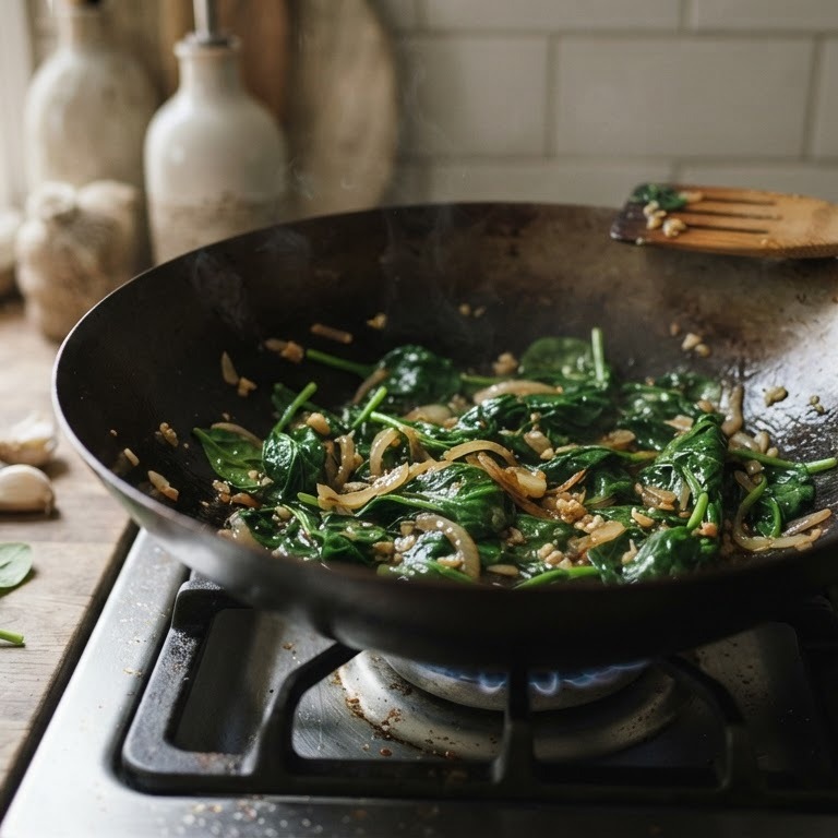Spinazie in de wok met ui en knoflook recept