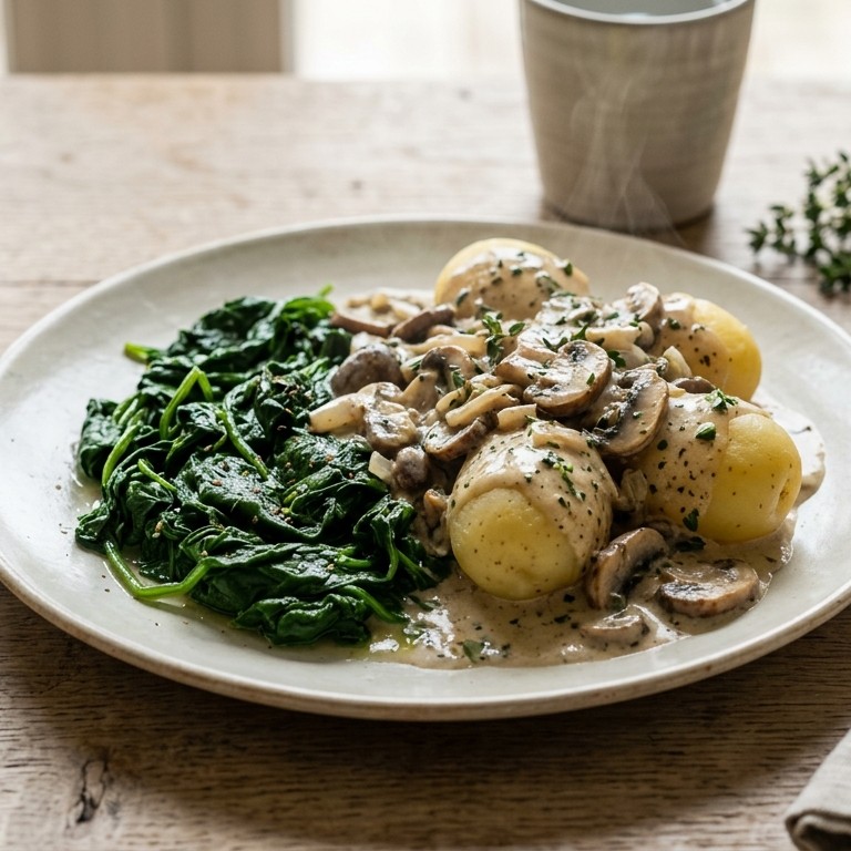 Spinazie met aardappels en champignonsaus recept