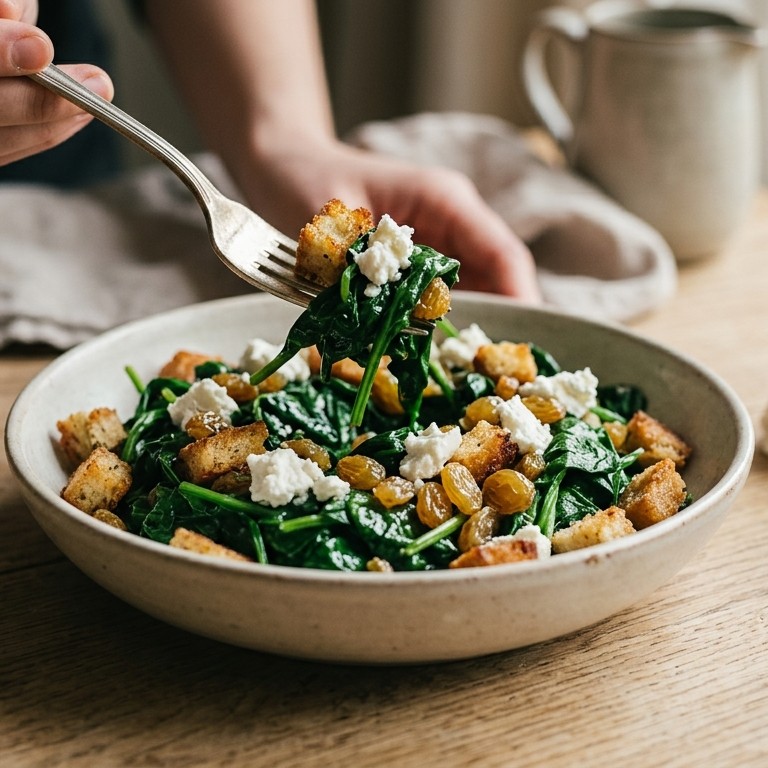 Spinazie met croutons en geitenkaas recept