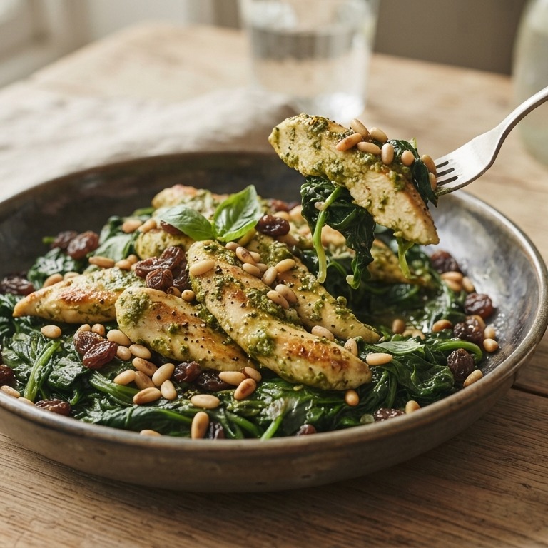 Spinazie met pesto-kip recept
