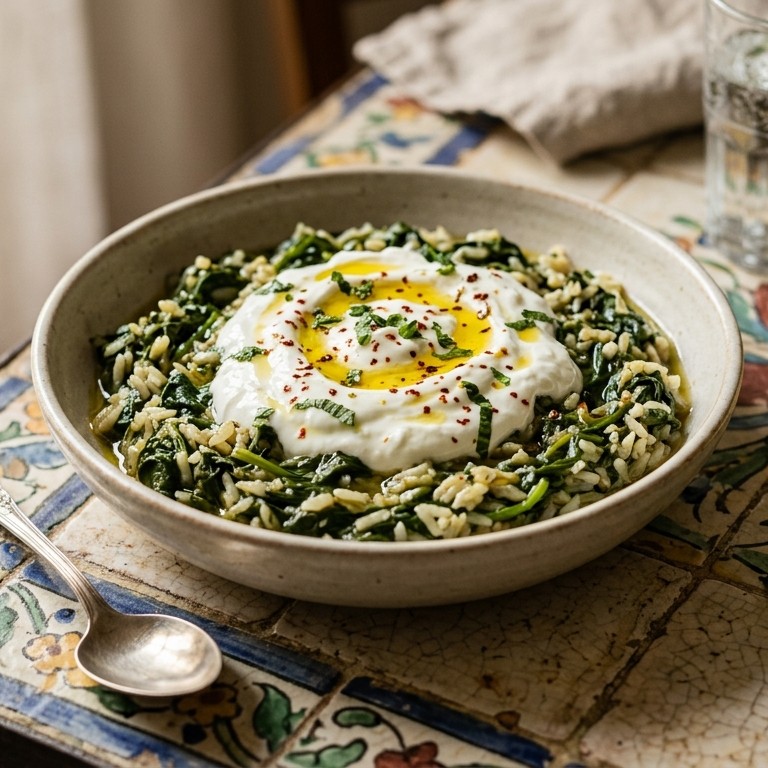 Spinazie met rijst , yoghurt en knoflook recept