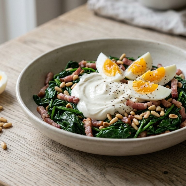 Spinazie met spekjes, pijnboompitten en crème fraiche recept