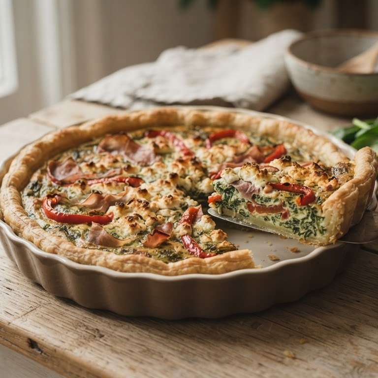 Spinazie quiche met paprika en hamreepjes recept