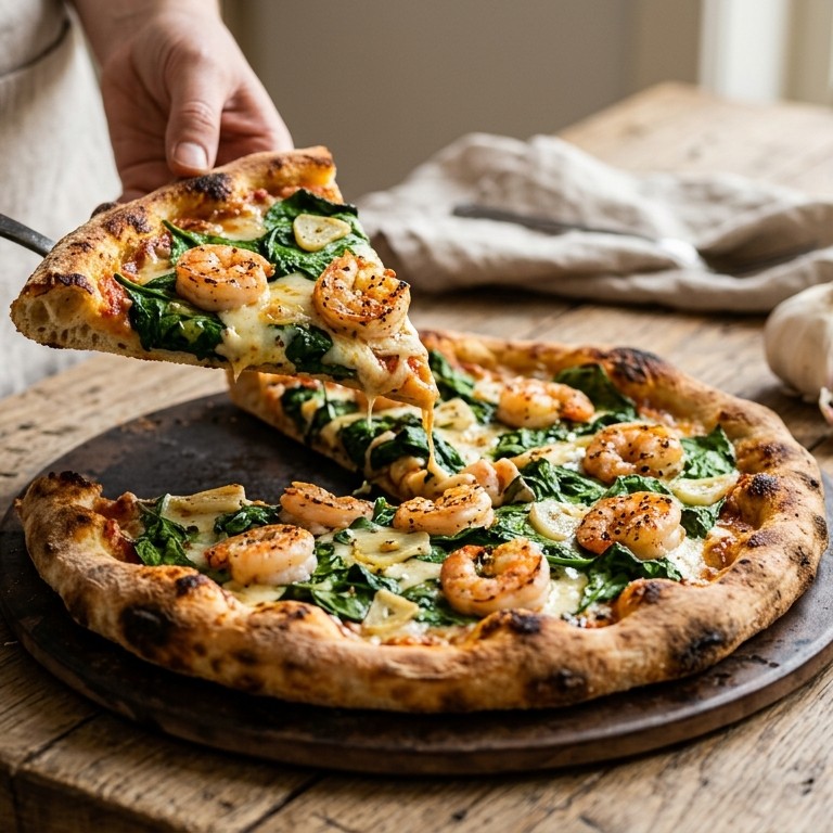 Spinaziepizza met knoflook en garnalen recept