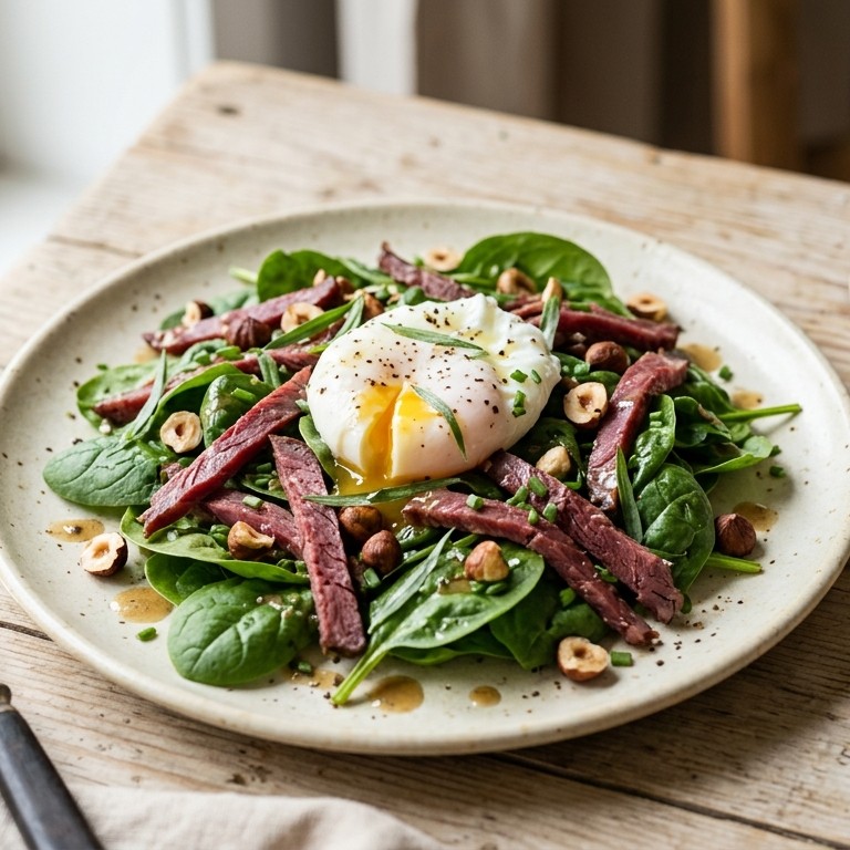 Spinaziesalade met gepocheerd ei en rookvlees recept