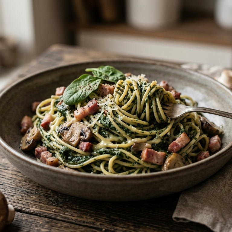 Spinaziespaghetti met spekjes recept