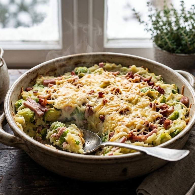 Spruitenstamppot met ham en geraspte kaas recept