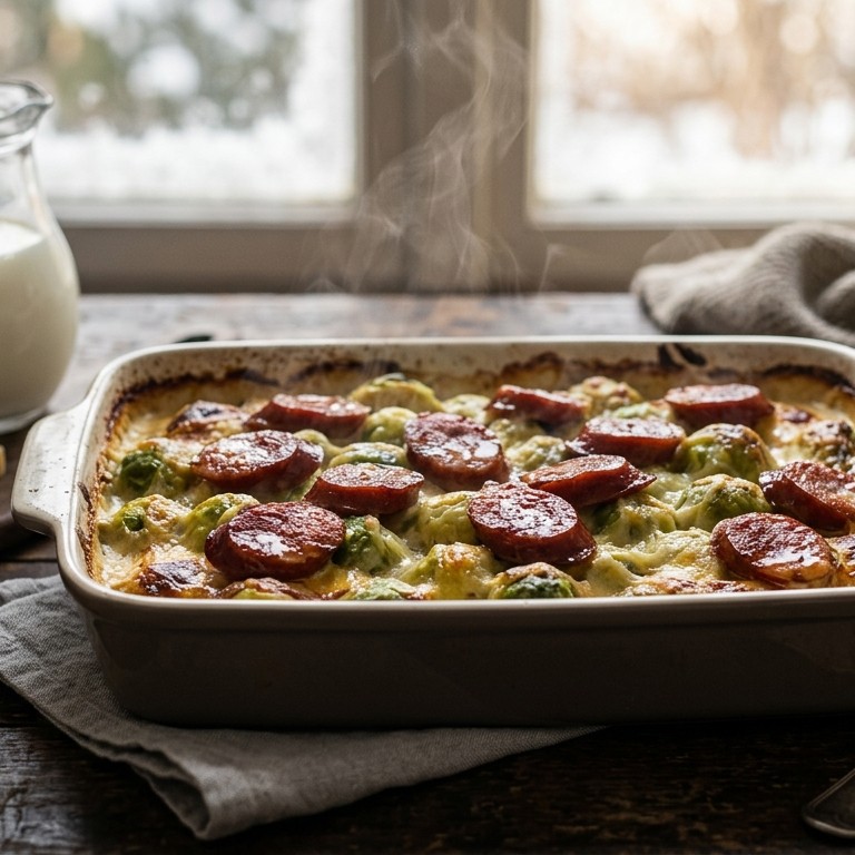 Spruitjes in kaassaus en rookworst recept
