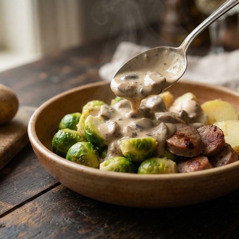 Spruitjes met aardappels en champignonsaus recept