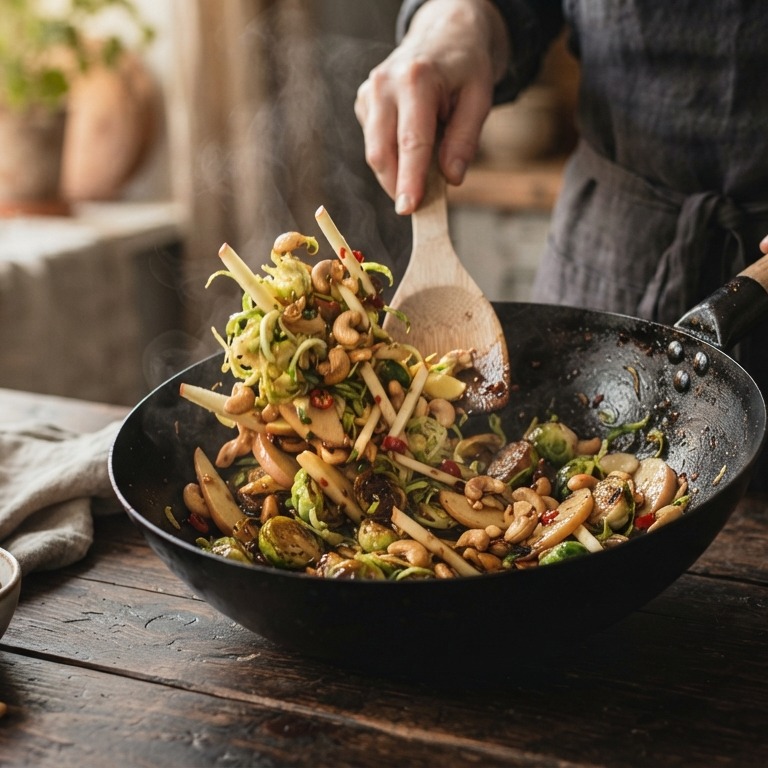 Spruitjes met appel en cashewnoten uit de wok recept