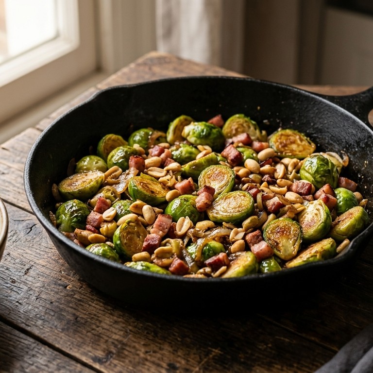 Spruitjes met pinda's en spekjes recept