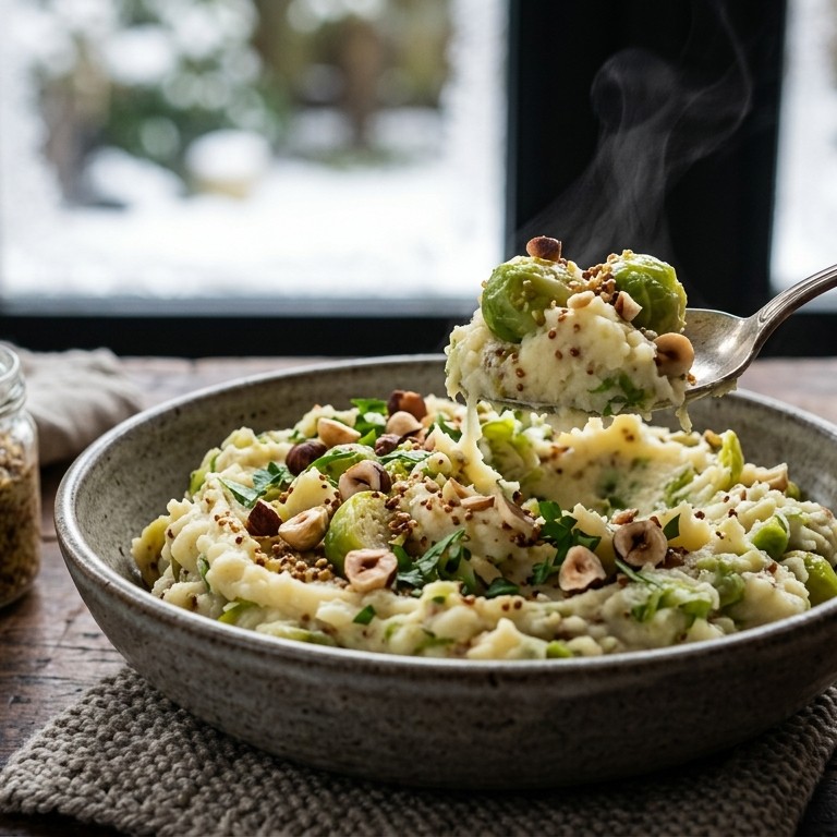 Spruitjesstampot met mosterd en hazelnoten recept