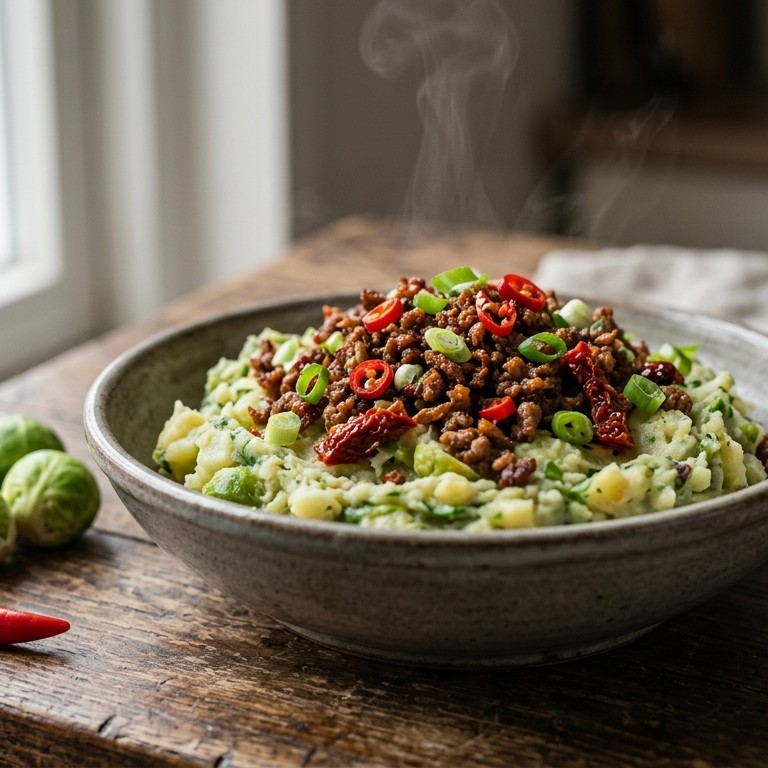 Spruitjesstamppot met pittig uitgebakken gehakt recept