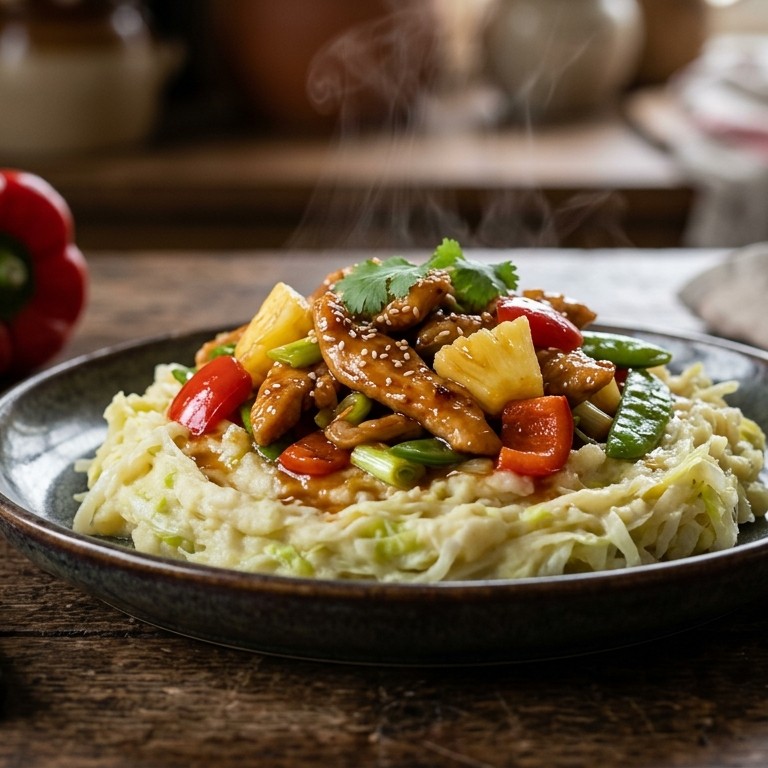 Stampot Chinese kool met roerbak van kip en fruit recept
