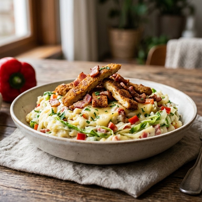 Stampot rauwe andijvie met shoarmaschnitzel, spekreepjes en paprika recept