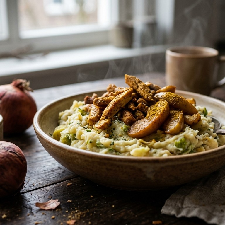 Stamppot spruiten met shoarma en gebakken appel recept