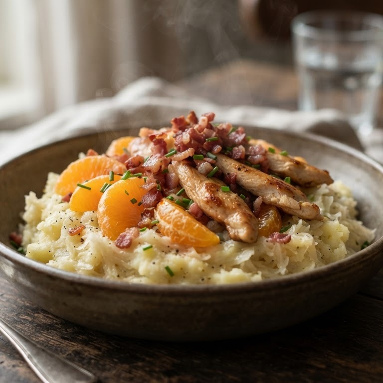 Stamppot van zuurkool met mandarijntjes en kip recept
